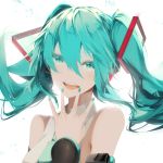  1girl :d black_sleeves blue_eyes blue_hair blue_nails detached_sleeves floating_hair hair_between_eyes hatsune_miku highres long_hair long_sleeves nail_polish open_mouth saihate_(d3) shirt simple_background sleeveless sleeveless_shirt smile solo twintails upper_body vocaloid white_background white_shirt 