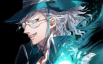  1boy character_request coat collared_coat fate/grand_order fate_(series) fire glasses green_coat green_hat grey_hair grin hat male_focus portrait round_eyewear smile solo tenobe yellow_eyes 