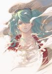  1girl aqua_eyes aqua_hair barbara_(y01251214) commentary_request earrings eyewear_on_head graphite_(medium) hatsune_miku jacket jewelry long_hair looking_at_viewer necklace open_clothes open_jacket outstretched_hand red_jacket smoke solo suna_no_wakusei_(vocaloid) sunglasses traditional_media twintails vocaloid 