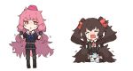  2girls big_hair black_shirt black_skirt bow brown_gloves chibi crying d: eyebrows_visible_through_hair ganesagi girls_frontline gloves hair_bow hat knee_pads multiple_girls ntw-20_(girls_frontline) open_mouth pantyhose parted_lips pink_hair pink_hat pleated_skirt qbz-97_(girls_frontline) red_bow red_eyes sailor_collar school_uniform serafuku shirt short_sleeves sitting skirt standing sweatdrop t_t tears white_sailor_collar 