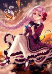  1girl black_bow bow braid cup dress flower frilled_dress frills hair_flower hair_ornament high_heels hsmoji long_braid long_hair looking_at_viewer pouring purple_dress purple_footwear purple_hair qurare_magic_library red_flower teacup teapot transparent twilight very_long_hair violet_eyes 