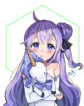  1girl ahoge azur_lane bangs bare_shoulders black_ribbon blush bow collarbone commentary_request detached_sleeves dress eyebrows_visible_through_hair hair_between_eyes hair_bun hair_ribbon head_tilt lerome long_hair long_sleeves looking_at_viewer object_hug one_side_up parted_lips purple_bow purple_hair ribbon side_bun sidelocks signature sleeves_past_wrists solo stuffed_animal stuffed_toy stuffed_unicorn unicorn_(azur_lane) upper_body very_long_hair violet_eyes white_dress white_sleeves 