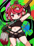  1girl agent_8 bike_shorts breasts chibi cosplay fangs headpiece pyra_(xenoblade) large_breasts looking_at_viewer ma2acworks nintendo octarian octoling pointy_ears red_eyes redhead short_hair simple_background solo splatoon splatoon_(series) splatoon_2 splatoon_2:_octo_expansion squidbeak_splatoon takozonesu tentacle_hair tiara xenoblade_(series) xenoblade_2 