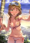  1girl arm_grab bangs bikini blue_sky blush breasts brown_hair clouds commentary_request cowboy_shot day dripping eyebrows_visible_through_hair front-tie_bikini front-tie_top goggles goggles_on_head hair_tie hammock highres looking_at_viewer low_twintails medium_breasts medium_hair ocean one_eye_closed open_mouth original outdoors palm_tree short_twintails side-tie_bikini side-tie_bottom sky solo_focus standing striped striped_bikini swimsuit tree twintails water wet yellow_eyes yoropa 