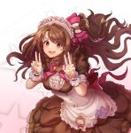  1girl absurdres alternate_costume blush brown_dress brown_eyes brown_hair corset double_v dress enmaided highres idolmaster idolmaster_cinderella_girls j3men long_hair looking_at_viewer maid maid_headdress open_mouth puffy_short_sleeves puffy_sleeves shimamura_uzuki short_sleeves smile solo star starry_background v wrist_cuffs 