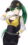  1girl absurdres backpack bag bangs baseball_cap belt black_hat black_pants blush breasts choker cleavage creatures_(company) cropped_jacket earrings female_protagonist_(pokemon_go) fingerless_gloves fire_emblem fire_emblem:_rekka_no_ken game_freak gloves green_eyes green_hair hand_on_hip hat high_ponytail highres holding holding_poke_ball jacket jewelry large_breasts long_hair long_sleeves looking_at_viewer lyndis_(fire_emblem) nintendo open_mouth ormille pants poke_ball pokemon pokemon_go ponytail simple_background smile solo very_long_hair white_background yellow_jacket 