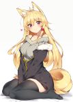  1girl animal_ears arms_between_legs bare_shoulders black_legwear blonde_hair blush breasts closed_mouth collarbone commentary_request eyebrows_visible_through_hair fox_ears full_body hair_between_eyes haruyuki_(yukichasoba) heart highres long_hair long_sleeves looking_at_viewer original red_eyes simple_background smile solo sweater tail thigh-highs white_background 
