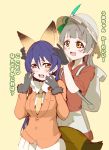  2girls animal_ears bag bangs blue_hair blush bow bowtie commentary_request cosplay embarrassed ezo_red_fox_(kemono_friends) ezo_red_fox_(kemono_friends)_(cosplay) fox_ears grey_hair hair_between_eyes hat_feather helmet kaban_(kemono_friends) kaban_(kemono_friends)_(cosplay) kemono_friends kurone_(kuronegokou) long_hair long_sleeves love_live! love_live!_school_idol_project mimori_suzuko minami_kotori multiple_girls one_side_up open_mouth pith_helmet seiyuu_connection simple_background sonoda_umi uchida_aya yellow_eyes 