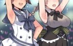  2girls armpits arms_up black_bow blue_bow bow braid breasts brown_hair dress em gloves large_breasts lynette_bishop miyafuji_yoshika multiple_girls open_mouth out_of_frame plaid plaid_bow sailor_dress sleeveless sleeveless_dress small_breasts strike_witches striped striped_bow sweat white_gloves world_witches_series 