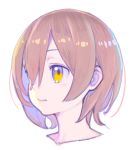  1girl absurdres brown_hair closed_mouth hair_over_one_eye highres multicolored multicolored_eyes nagisa_kurousagi one_eye_covered portrait roboco-san roboco_ch. short_hair simple_background solo violet_eyes virtual_youtuber white_background yellow_eyes 