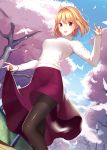 1girl absurdres ahoge arcueid_brunestud backlighting bird blonde_hair blue_sky breasts cherry_blossoms day dove eyebrows_visible_through_hair hair_between_eyes hair_intakes hand_up highres index_finger_raised kim_nico lamppost looking_at_viewer outdoors pantyhose park purple_skirt red_eyes shiny shiny_clothes short_hair skirt skirt_hold skirt_lift sky slit_pupils smile solo sweater tree tsukihime turtleneck turtleneck_sweater