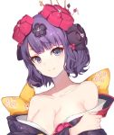  1girl blacktheif bow breasts cleavage clothes_down collarbone fate/grand_order fate_(series) grey_eyes hair_ornament katsushika_hokusai_(fate/grand_order) looking_at_viewer medium_breasts purple_hair short_hair simple_background smile solo upper_body white_background yellow_bow 