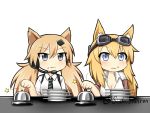  2girls animal_ears artist_name bell blonde_hair cat_ears dog_ears food food_on_face girls_frontline goggles goggles_on_head headset idw_(girls_frontline) m500_(girls_frontline) multiple_girls paw_pose plate_stack rice rice_on_face sudo_shinren 