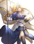  1girl armor armored_dress banner black_bow black_legwear blonde_hair blue_dress blue_eyes bow braid braided_ponytail breasts dress fate/apocrypha fate_(series) faulds floating_hair gauntlets hair_bow headpiece holding jeanne_d&#039;arc_(fate) jeanne_d&#039;arc_(fate)_(all) large_breasts long_dress long_hair saihate_(d3) simple_background single_braid solo standing thigh-highs very_long_hair white_background 