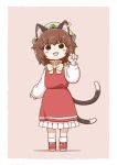  1girl :3 @_@ animal_ears bow bowtie brown_hair cat_ears cat_tail chen earrings eyebrows_visible_through_hair full_body green_hat hand_up hat jewelry long_sleeves looking_at_viewer mob_cap multiple_tails nekomata poronegi red_footwear red_skirt red_vest shirt shoes skirt smile socks solo tail touhou two_tails vest white_legwear white_neckwear white_shirt 
