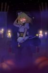  1girl absurdres blonde_hair bonsai candle fog glowing glowing_eyes graveyard hat highres kirisame_marisa looking_at_viewer medium_hair open_mouth puffy_sleeves pumpkin shirooinari short_sleeves skirt thigh-highs touhou witch witch_hat yellow_eyes 