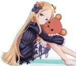  1girl abigail_williams_(fate/grand_order) bangs barefoot black_bow black_dress blonde_hair bloomers blue_eyes blush bow bug butterfly chobbi closed_mouth commentary_request dress fate/grand_order fate_(series) forehead hair_bow head_tilt insect long_hair long_sleeves looking_at_viewer looking_to_the_side no_hat no_headwear object_hug orange_bow parted_bangs polka_dot polka_dot_bow shadow sidelocks sitting sleeves_past_fingers sleeves_past_wrists solo stuffed_animal stuffed_toy teddy_bear underwear very_long_hair white_background white_bloomers 