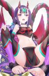  1girl absurdres barefoot black_sleeves choker collarbone crop_top detached_sleeves eyebrows_visible_through_hair fangs fate/grand_order fate_(series) hair_ornament hand_on_own_knee highres horns index_finger_raised leggings looking_at_viewer makeup midriff navel open_mouth purple_hair short_hair shuten_douji_(halloween)_(fate) sitting solo stomach toratora_(nanahaba) 