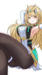 1girl alternate_costume armor bangs blonde_hair censored covered_navel earrings gem gloves headpiece highres mythra_(xenoblade) jewelry long_hair looking_at_viewer nintendo nke_toumi pantyhose simple_background solo super_smash_bros. super_smash_bros._ultimate swept_bangs thigh_strap tiara xenoblade_(series) xenoblade_2 yellow_eyes 