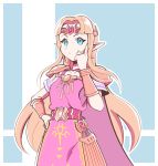  1girl artsy-rc blonde_hair blue_eyes dress earrings gown highres jewelry long_hair looking_at_viewer nintendo pointy_ears princess_zelda simple_background solo super_smash_bros. super_smash_bros._ultimate the_legend_of_zelda the_legend_of_zelda:_a_link_between_worlds tiara triforce 