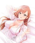  1girl :d arisugawa_natsuha arm_at_side arm_behind_head bangs bed bed_sheet black_eyes blush breasts collarbone commentary_request eyebrows_visible_through_hair eyes_visible_through_hair from_above highres idolmaster idolmaster_shiny_colors kaiga large_breasts long_hair looking_at_viewer lying no_bra on_back open_mouth parted_bangs redhead shirt smile solo under_covers upper_body white_shirt 