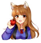  1girl animal_ears apple arm_up blue_shirt blush breasts brown_hair cheyenneo fang food fruit heart heart-shaped_pupils highres holding holding_food holding_fruit holo jewelry long_hair long_sleeves marker_(medium) medium_breasts necklace open_mouth red_eyes shirt simple_background solo spice_and_wolf symbol-shaped_pupils traditional_media upper_body white_background wolf_ears 