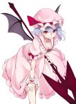  1girl absurdres baicha bat_wings black_wings breasts closed_mouth downblouse fang_out hand_on_own_knee hat hat_ribbon highres holding holding_weapon lavender_hair leaning_forward looking_at_viewer mob_cap no_bra pink_eyes pink_hat pink_shirt pink_skirt pointy_ears red_ribbon remilia_scarlet ribbon shirt simple_background skirt small_breasts smile solo spear_the_gungnir touhou weapon white_background wings 