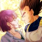 1boy 1girl armor black_eyes black_hair bulma close-up dirty dirty_face dragon_ball dragonball_z earrings expressionless eye_contact eyebrows_visible_through_hair face floating_hair frown gradient gradient_background jewelry looking_at_another profile purple_hair sepia_background short_hair simple_background spiky_hair upper_body vegeta violet_eyes white_background yellow_background 
