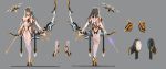  1girl 300_heroes absurdres arrow bodysuit bow_(weapon) breasts character_sheet glasses gloves grey_background grey_hair high_heels highres large_breasts long_hair looking_at_viewer multiple_views orange_eyes shiny shiny_clothes solo standing weapon white_bodysuit white_legwear zhuore_zhi_hen 