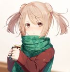  1girl anchor_print blush brown_eyes can double_bun grey_background holding holding_can light_brown_hair looking_at_viewer meth_(emethmeth) original red_sweater scarf short_hair simple_background solo sweater twintails 