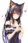 1girl absurdres animal_ears bangs bare_shoulders black_choker black_dress black_hair breasts cat_ears choker cleavage closed_mouth cup6542 dress expressionless extra_ears eyebrows_visible_through_hair fingers_together frills hair_between_eyes hands_up heart highres large_breasts long_hair looking_at_viewer off_shoulder original puffy_short_sleeves puffy_sleeves short_sleeves sidelocks simple_background solo spaghetti_strap upper_body white_background yellow_eyes 