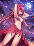  1girl :d absurdres beach bikini breasts brown_hair cleavage clouds cup6542 cute dutch_angle emiya-san_chi_no_kyou_no_gohan eyebrows_visible_through_hair fate/grand_order fate/stay_night fate_(series) floating_hair flower full_moon hair_between_eyes hair_flower hair_ornament hands_in_hair hibiscus highres large_breasts long_hair moon navel night ocean open_mouth outdoors petals red_bikini red_eyes red_flower sarong scathach_(fate)_(all) scathach_(fate/grand_order) scathach_(swimsuit_assassin)_(fate) see-through sexy sky smile solo standing star_(sky) starry_sky swimsuit type-m,oon ufotable under_boob very_long_hair 