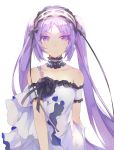  1girl arm_strap black_flower black_ribbon black_rose choker collarbone dress euryale eyebrows_visible_through_hair fate/hollow_ataraxia fate_(series) floating_hair flower hairband lolita_hairband long_hair looking_at_viewer purple_hair ribbon rose saihate_(d3) shiny shiny_hair simple_background smile solo twintails upper_body very_long_hair violet_eyes white_background white_dress 