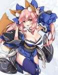  1girl animal_ear_fluff animal_ears bikini blue_bikini blue_kimono blue_legwear blue_ribbon breasts cleavage detached_sleeves fang fate/extra fate/extra_ccc fate/grand_order fate_(series) fox_ears fox_girl fox_shadow_puppet fox_tail hair_ribbon japanese_clothes kimono large_breasts looking_at_viewer open_mouth pink_hair reina_(black_spider) ribbon solo swimsuit tail tamamo_(fate)_(all) tamamo_no_mae_(fate) yellow_eyes 