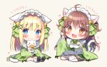  2girls :3 :d ahoge alternate_costume animal animal_ears apron bangs bell black_footwear blonde_hair blue_eyes blush brown_background brown_eyes brown_hair cat cat_ears cat_girl cat_tail closed_mouth comiket_101 commentary_request enmaided fang food frilled_apron frilled_sleeves frills green_kimono green_ribbon hair_bell hair_between_eyes hair_ornament japanese_clothes jingle_bell kemonomimi_mode kimono kokoa-chan_(pan_(mimi)) long_sleeves looking_at_viewer loose_socks maid maid_apron maid_headdress multiple_girls original pan_(mimi) paw_pose ribbon shoe_soles shoes simple_background sitting smile socks tail tail_ornament tail_ribbon taiyaki ten-chan_(pan_(mimi)) thigh-highs two_side_up wa_maid wagashi wariza white_apron white_cat white_socks white_thighhighs wide_sleeves 