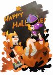  2girls :d baiguiyu bangs black_shirt blunt_bangs bracelet brown_hair closed_eyes commentary domino_mask english halloween happy hat highres horns inkling jewelry looking_at_another mask ofuda open_mouth orange_hair pointy_ears pumpkin purple_hair shirt short_sleeves shorts smile splatoon splatoon_(series) splatoon_2 