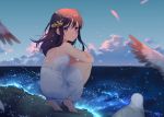  1girl achiki animal ass bangs bare_arms bare_shoulders barefoot beach bird black_hair blue_sky blurry blurry_foreground chestnut_mouth clouds cloudy_sky commentary_request crossed_arms day depth_of_field dress eyebrows_visible_through_hair feathers from_behind hair_ornament horizon long_hair looking_at_viewer looking_back ocean original outdoors parted_lips sidelocks sky sleeveless sleeveless_dress solo squatting star star_hair_ornament sundress violet_eyes water white_dress 