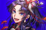  1girl :d bangs blue_background blue_eyes character_request china_dress chinese_clothes dress eyelashes fate/grand_order fate_(series) hair_ornament long_hair looking_at_viewer open_mouth parted_bangs ponytail portrait simple_background smile solo tassel tenobe 