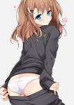  1girl ass black_pants black_sweater blue_eyes blush brown_hair grey_background hair_ornament hairclip highres long_hair looking_back original panties pants pants_pull pulled_by_self sasahara_wakaba simple_background solo speech_bubble sweater underwear undressing white_panties 