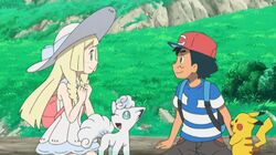  1boy 1girl alolan_vulpix animated animated_gif black_hair blonde_hair brown_eyes creatures_(company) game_freak gen_1_pokemon green_eyes hat huge_filesize laughing lillie_(pokemon) log lowres nintendo pikachu pokemon pokemon_(anime) pokemon_sm_(anime) satoshi_(pokemon) sitting_on_log 