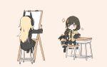  2girls :&gt; bangs black_gloves black_jacket black_neckwear black_skirt blonde_hair blunt_bangs bottle brown_eyes brown_hair canvas_(object) chibi desk eyepatch ganesagi girls_frontline gloves grey_background hair_over_shoulder hairband holding jacket jitome long_hair long_sleeves m16a1_(girls_frontline) m4_sopmod_ii_(girls_frontline) multiple_girls necktie off_shoulder one_eye_covered paintbrush pleated_skirt pose shirt simple_background sitting skirt smile smug sparkle stool 