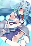 1girl aqua_eyes aqua_hair bangs belt_pouch blush commentary_request covering covering_breasts dead_or_alive dead_or_alive_6 eyebrows_visible_through_hair eyes_visible_through_hair gloves hair_ornament hairclip highres looking_at_viewer nico_(doa) nishisan_(mikurosu) pouch seiza short_hair shorts sitting solo thigh-highs torn_clothes 