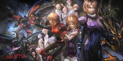  blonde_hair breasts closed_eyes elpeo_puru funnels gundam gundam_unicorn gundam_zz highres kshatriya light_brown_hair long_hair looking_at_viewer marida_cruz multiple_girls orange_hair pants pink_eyes puru_two qubeley_mk_ii short_hair stu_dts unicorn_gundam_banshee 