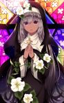  1girl black_dress cross cross_necklace dark_skin dress flower hands_clasped highres holding_cross hood jewelry kuro_namako long_hair long_sleeves looking_at_viewer necklace nun original own_hands_together silver_hair solo very_long_hair white_flower 