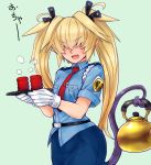 1girl :d antenna_hair blonde_hair blue_background blue_shirt blue_skirt blush breast_pocket collared_shirt covered_eyes cowboy_shot cup demon_tail eyebrows_visible_through_hair facing_viewer fang hair_over_eyes long_hair necktie open_mouth original pocket pointy_ears police police_uniform policewoman prehensile_tail red_neckwear shirt simple_background skirt skj smile solo standing tail teacup teapot tray twintails uniform wing_collar 