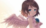  1girl angel angel_wings bangs bare_arms blue_eyes blue_flower breasts brown_hair dress flower frilled_shirt frills gradient gradient_background kyouou_ena love_live! love_live!_sunshine!! medium_breasts shirt short_hair sleeveless watanabe_you wings 