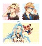  1boy 2girls :d adjusting_eyewear ahoge black_hairband black_jacket black_sailor_collar black_shirt blonde_hair blue-framed_eyewear blue_hair blue_neckwear brown_eyes collar collarbone cropped_torso deretta djeeta_(granblue_fantasy) gran_(granblue_fantasy) granblue_fantasy hairband highres jacket long_hair long_sleeves looking_at_viewer lyria_(granblue_fantasy) multiple_girls necktie open_mouth pink-framed_eyewear pink_neckwear sailor_collar semi-rimless_eyewear shirt short_hair short_sleeves smile twitter_username under-rim_eyewear upper_body vee_(granblue_fantasy) very_long_hair white_sailor_collar white_shirt 