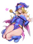  1girl bare_shoulders blonde_hair boots breasts dark_magician_girl detached_sleeves duel_monster full_body green_eyes hair_between_eyes hat highres knee_boots knees_together_feet_apart kumiko_shiba looking_at_viewer medium_breasts pelvic_curtain pentacle solo thighs wand white_background wizard_hat yu-gi-oh! yuu-gi-ou yuu-gi-ou_duel_monsters 