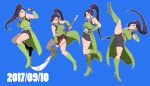  1girl arm_warmers belt bike_shorts blue_background blue_hair boots breasts choker clenched_hand commentary dated dragon_quest dragon_quest_xi fighting_stance finger_to_chin fingerless_gloves full_body gloves green_footwear hairband halter_top halterneck hand_on_hip high_kick high_ponytail highres kicking knee_boots large_breasts lavender_eyes looking_to_the_side looking_up martina_(dq11) multiple_views navel o-ring o-ring_choker o-ring_top orushibu outline overskirt polearm red_hairband solo thinking weapon white_outline 
