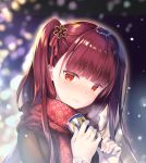  1girl bangs blurry blurry_background blush braid breasts brown_coat can closed_mouth coat eyebrows_visible_through_hair french_braid girls_frontline gloves hair_ornament hair_ribbon half_updo highres holding holding_can large_breasts long_hair looking_at_viewer one_side_up outdoors purple_hair red_eyes red_scarf rei_(rei&#039;s_room) ribbon scarf sidelocks snowflake_hair_ornament snowflake_print snowing solo very_long_hair wa2000_(girls_frontline) white_gloves 